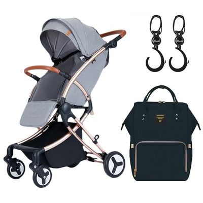 Teknum A1 Feather Lite Stroller - Grey + Sunveno Diaper Bag - Black + Hooks